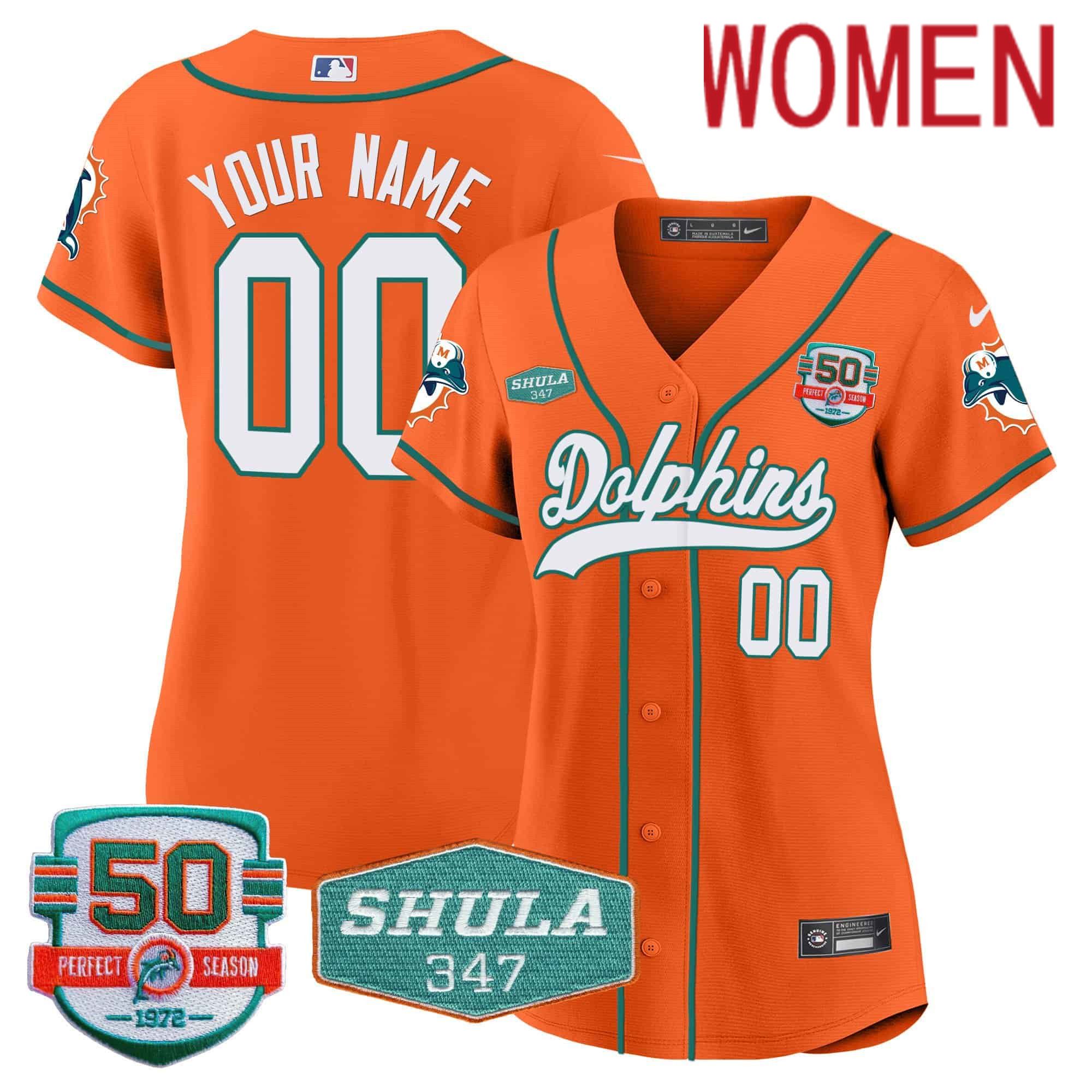 Women Miami Dolphins Orange 2024 Nike 50th Don Shula Memorial Patch Baseball Custom NFL Jersey
